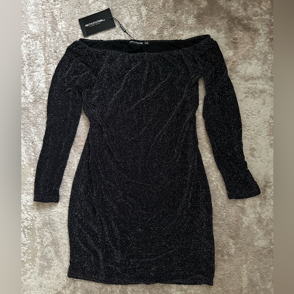 Pretty Little Thing- long sleeve sheer textured glitter bodycon dress